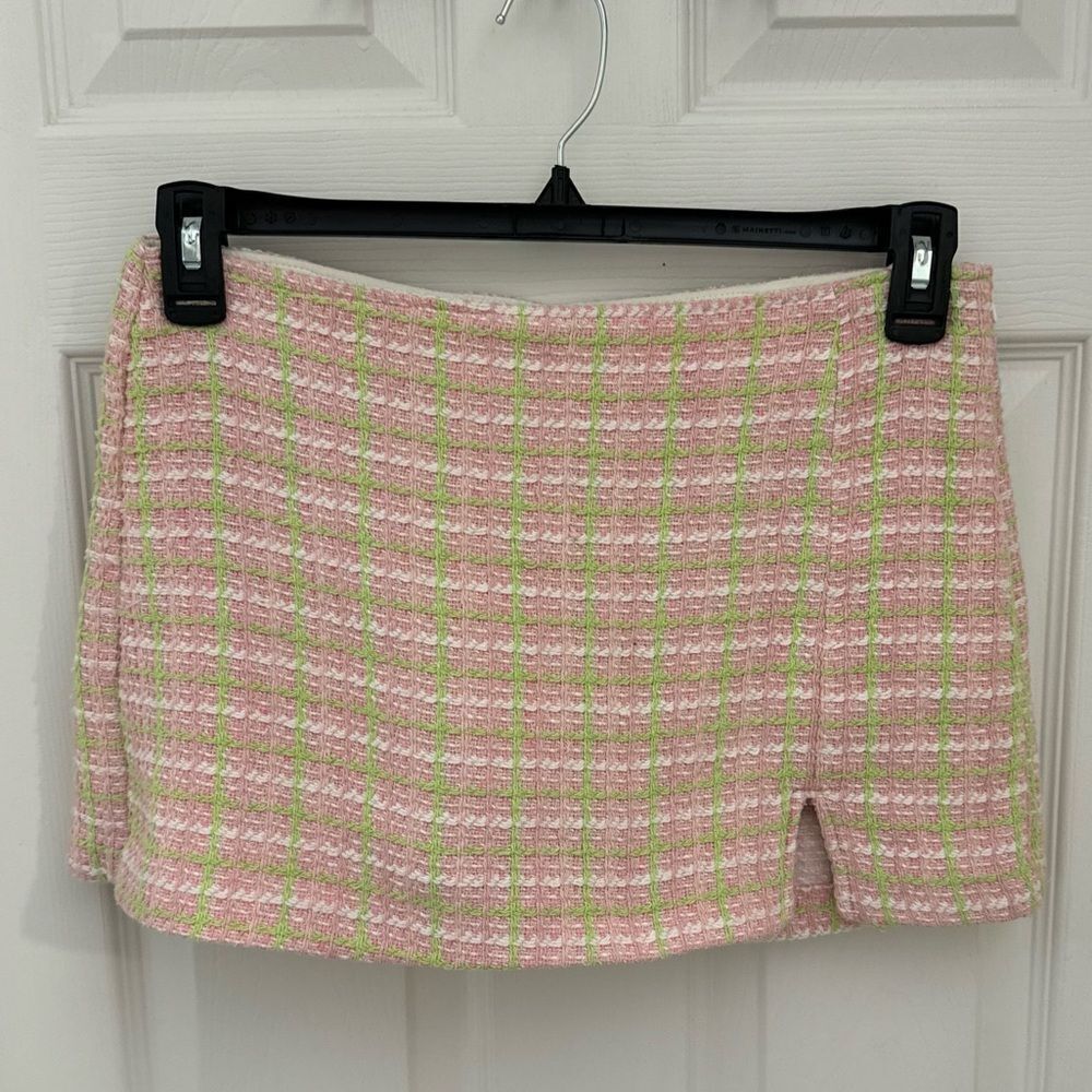 Zara Tweed Skort Shorts Size Medium Pink Green Preppy Mini Plaid Pastel